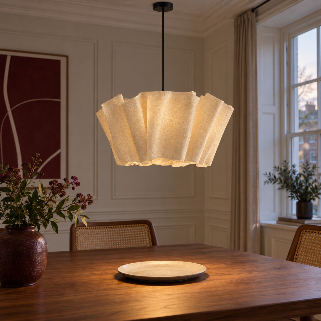 Wabi Sabi Pendant Light - Pleated Linen Japandi Ceiling Lamp for Bedroom & Study, E27 Warm White