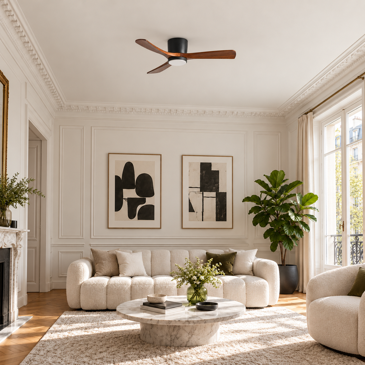 Low Profile Ceiling Fan with Light | 3 Wooden Blades, Remote, 108 or 132 cm, Black or White