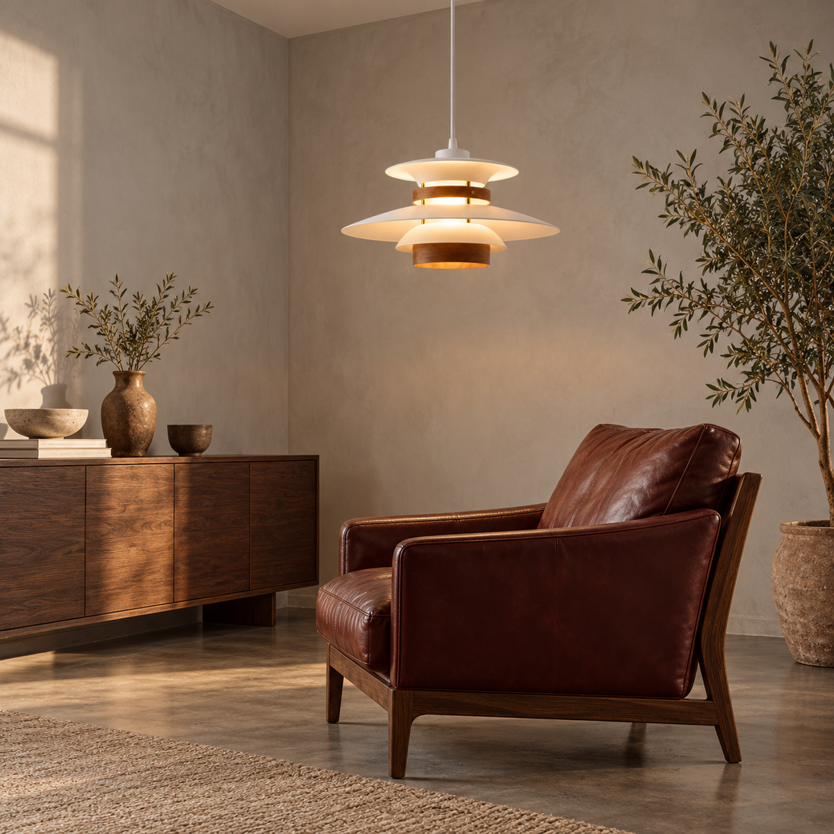 Layered Pendant Light | Danish-Style Tiers with Wood Bands, 35 or 42 cm, White, Cream or Black