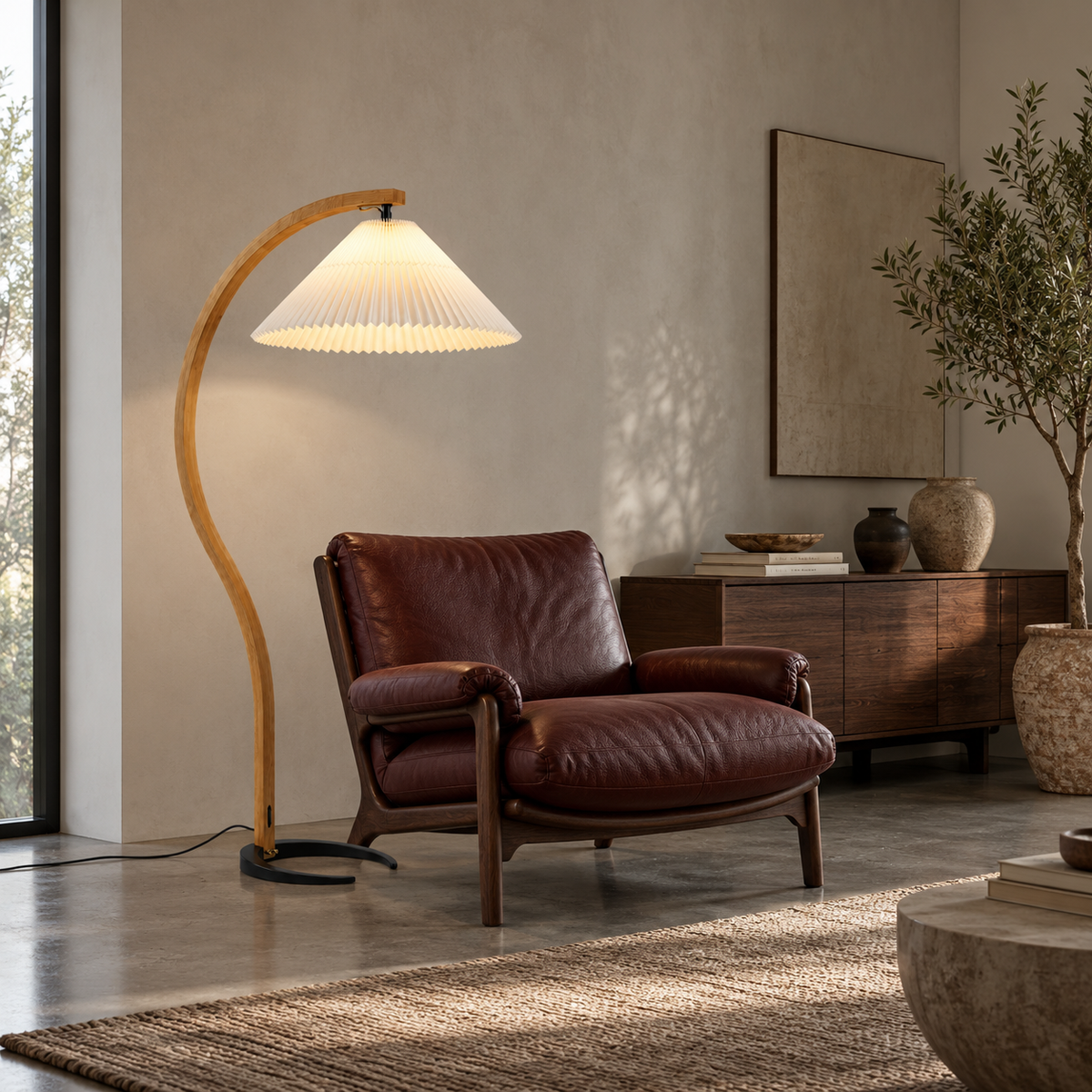 Pleated Arc Floor Lamp | Curved Beech Wood, 150 cm, White, Beige or Coffee Shade, Bulb Included