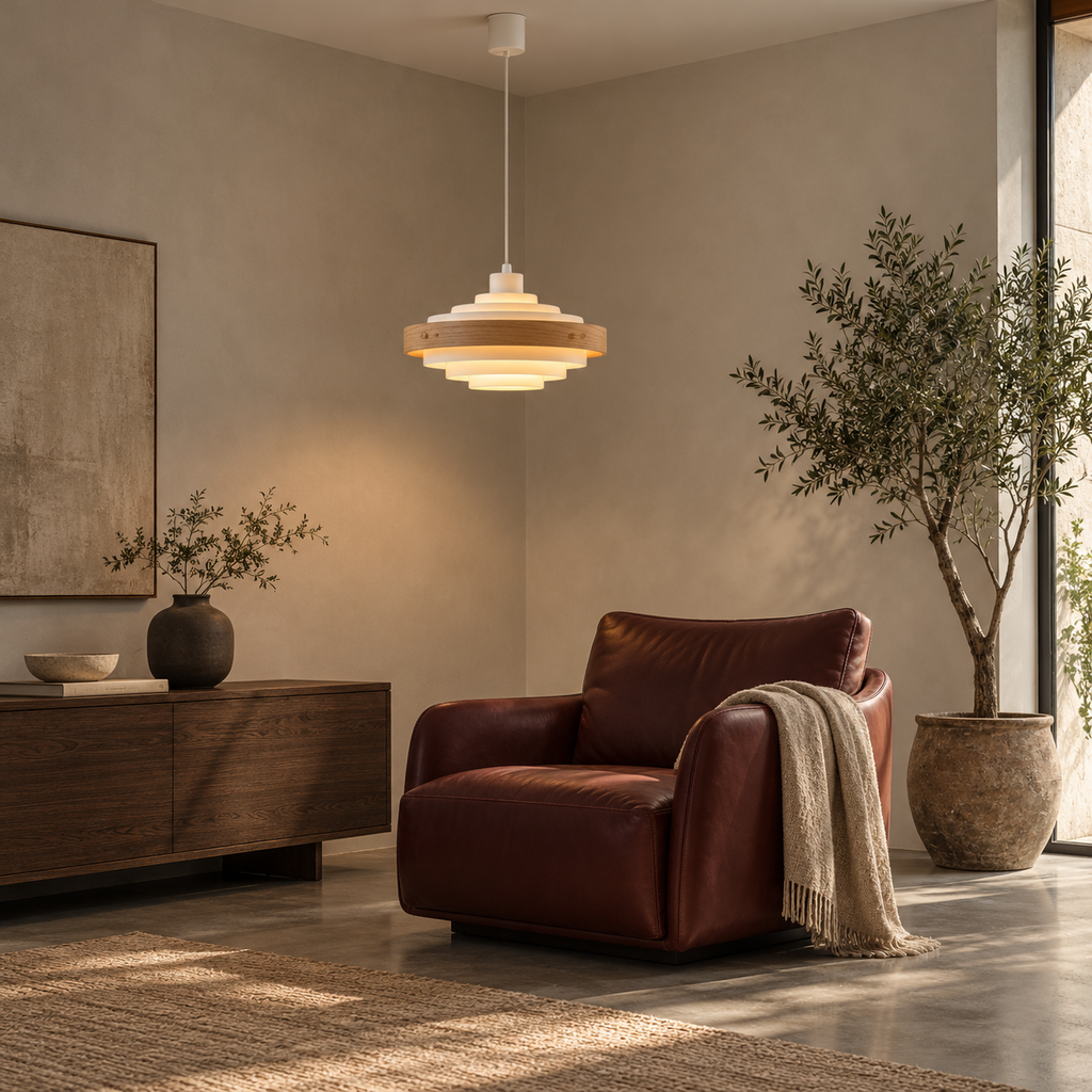 Tiered Pendant Light | Stepped Metal Shade with Wood Band, 40 cm, Walnut or Oak, Black or White