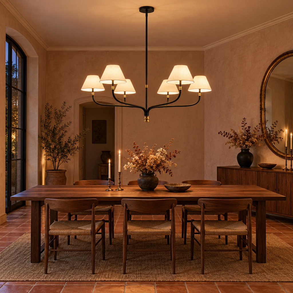 Black & Brass Chandelier | White Fabric Shades, 2 or 6 Arms, 130 cm Wide, Adjustable Rod