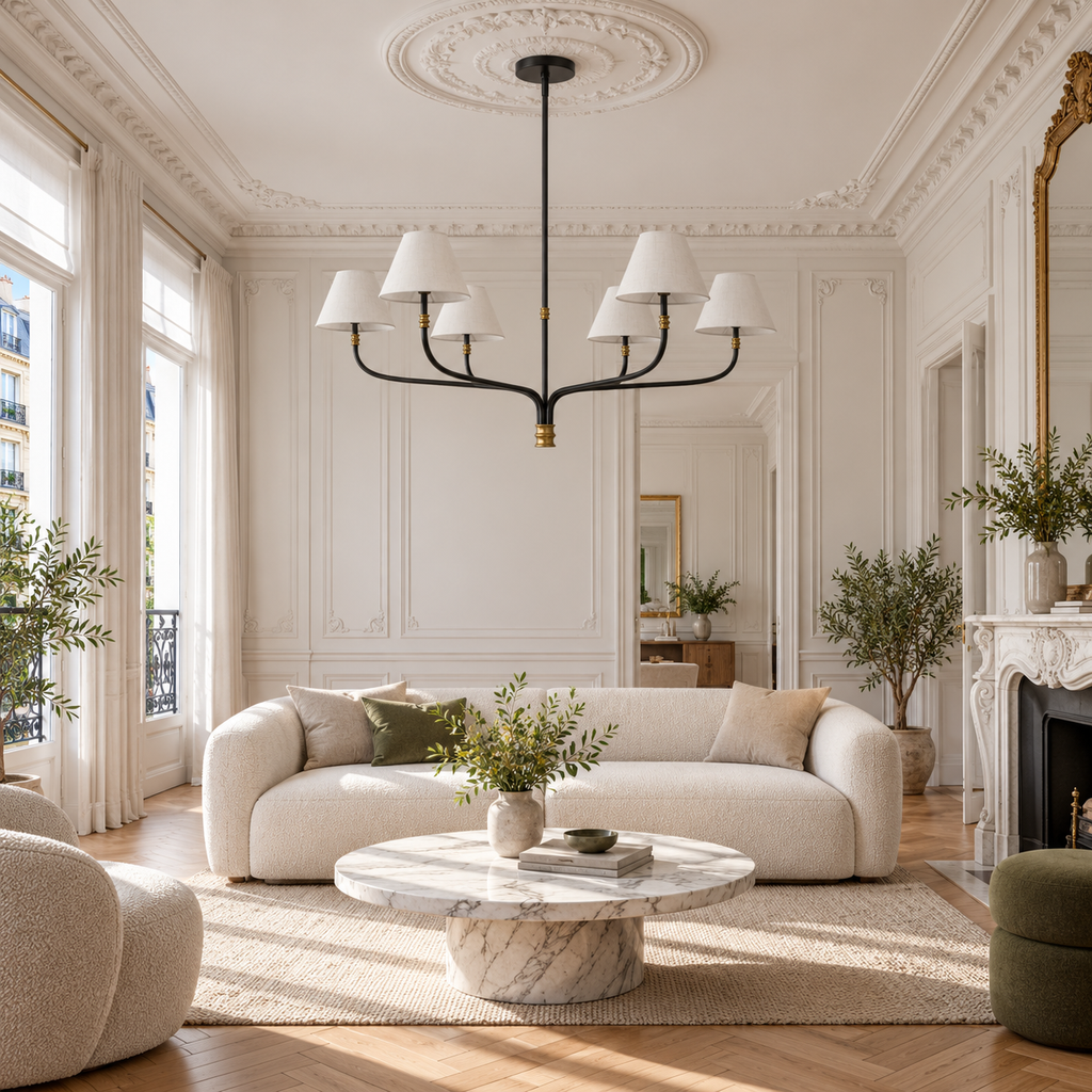 Black & Brass Chandelier | White Fabric Shades, 2 or 6 Arms, 130 cm Wide, Adjustable Rod