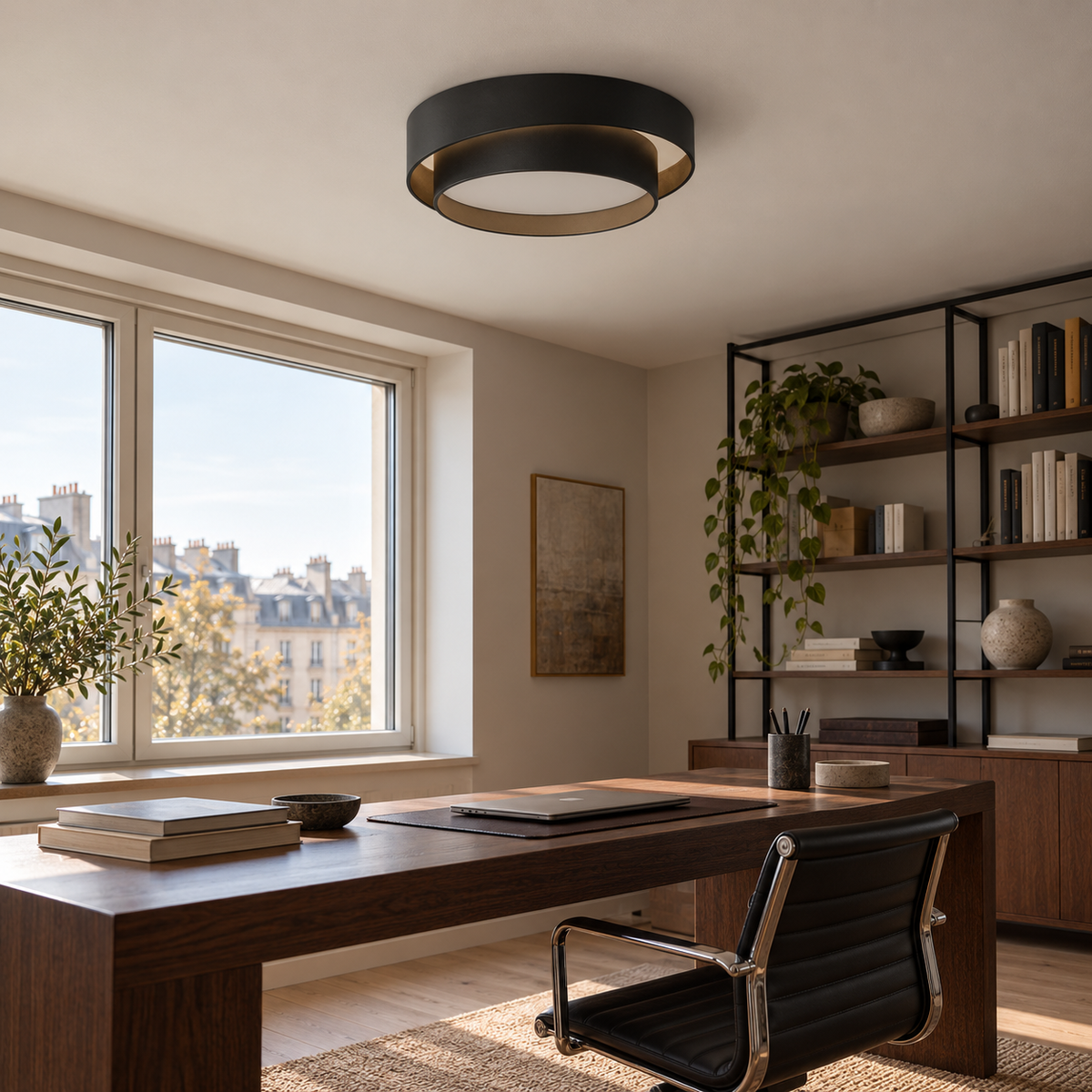 Round LED Flush Ceiling Light | Offset Double Ring, 40 or 50 cm, Black, Grey or White