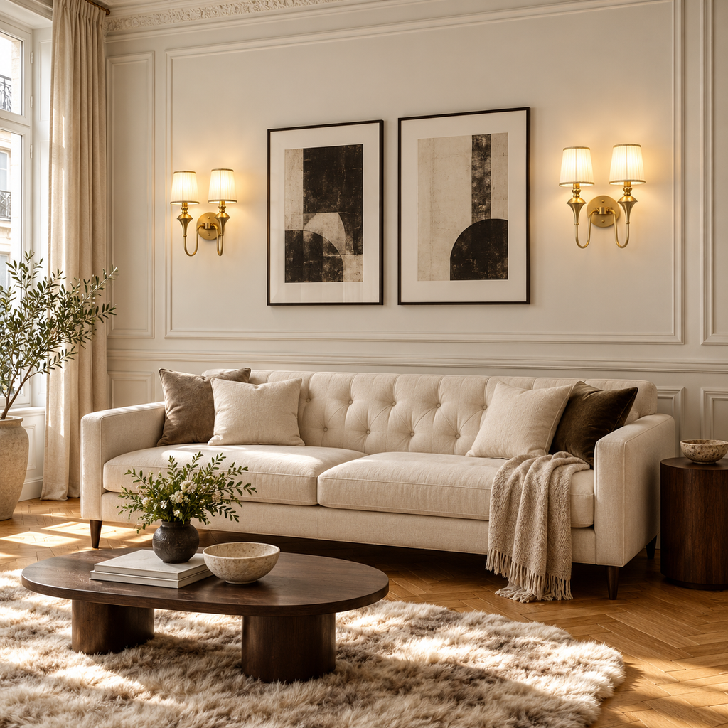 Brass Double Wall Light | Pleated Fabric Shades with Braided Trim, Twin E14, 38 x 46 cm