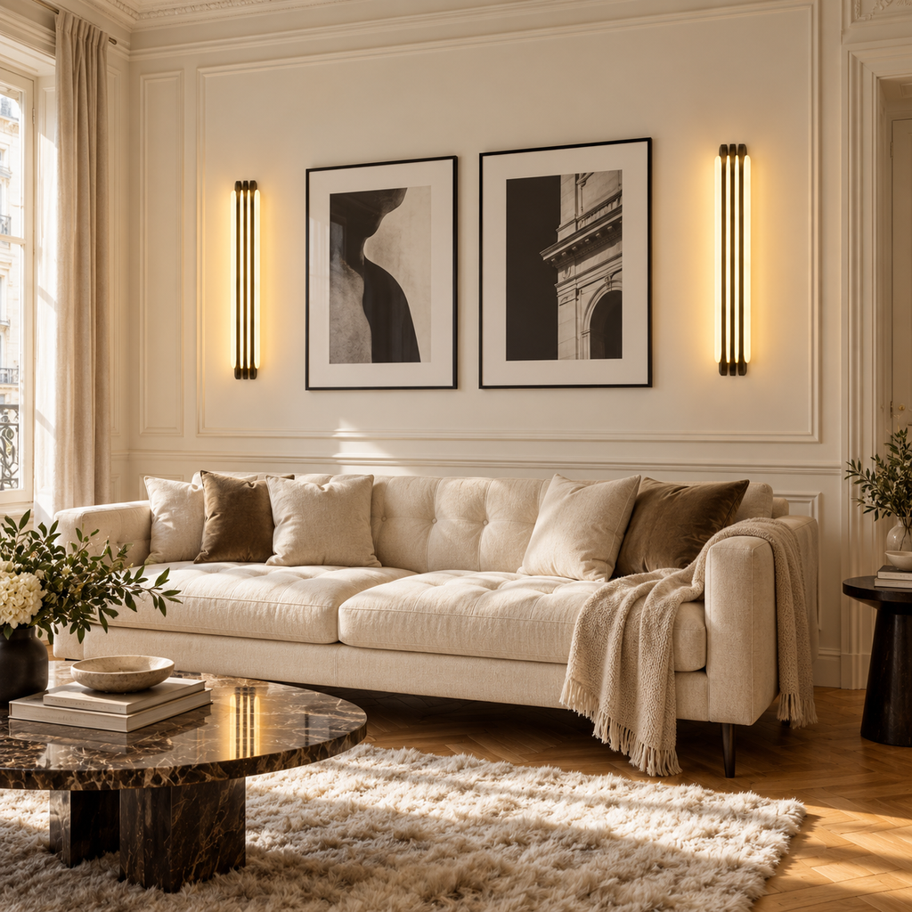 Alabaster & Antique Brass Wall Light | Three-Fin LED Column, Warm White, 35 or 60 cm