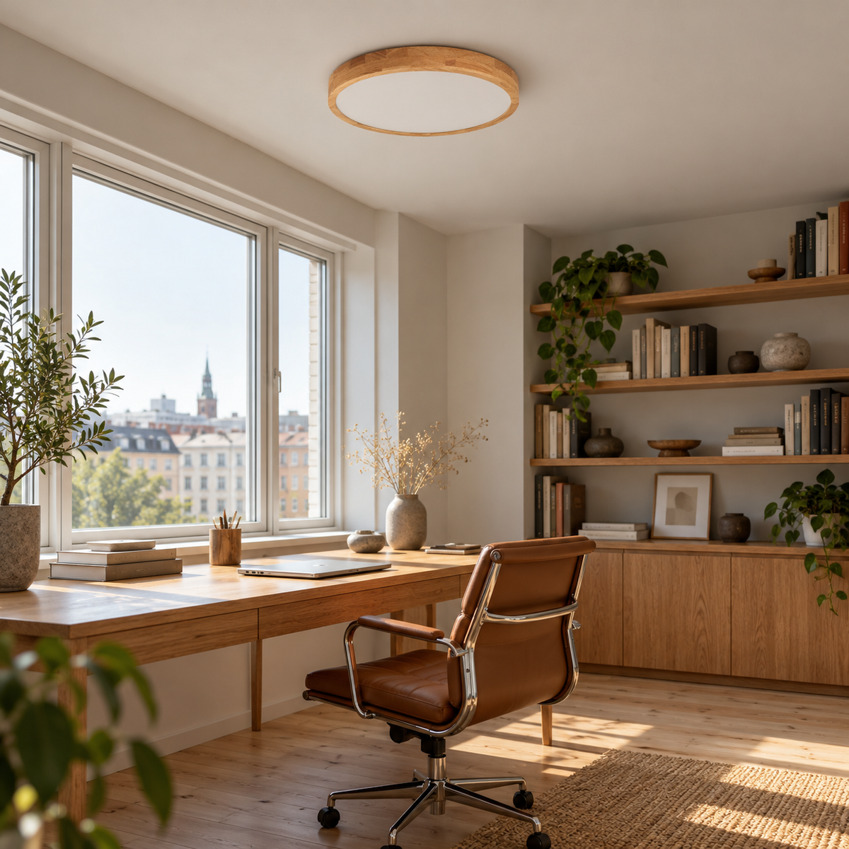 Wooden LED Flush Ceiling Light | Solid Wood Ring, 30 cm 18W or 40 cm 27W, Remote Option
