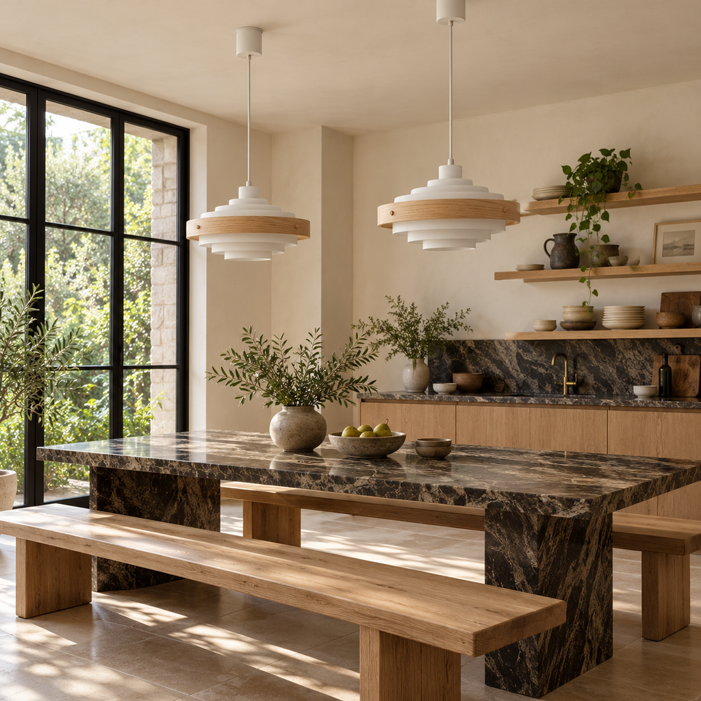 Tiered Pendant Light | Stepped Metal Shade with Wood Band, 40 cm, Walnut or Oak, Black or White