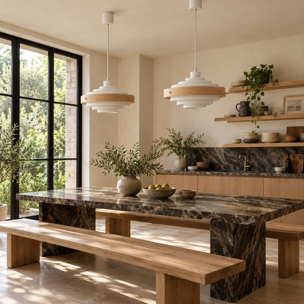 Tiered Pendant Light | Stepped Metal Shade with Wood Band, 40 cm, Walnut or Oak, Black or White