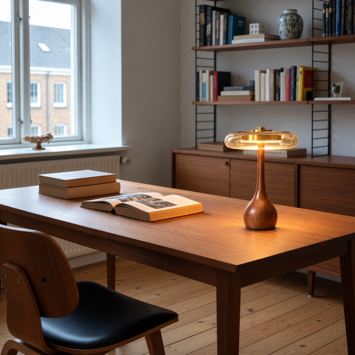 Amber Glass Table Lamp | Teardrop Wood Base & Brass Cap, 22 cm Shade, 24.5 or 31.5 cm Tall