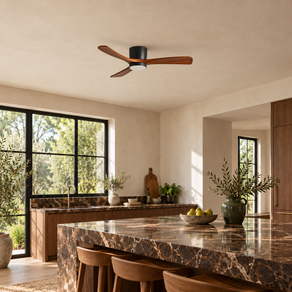 Low Profile Ceiling Fan with Light | 3 Wooden Blades, Remote, 108 or 132 cm, Black or White