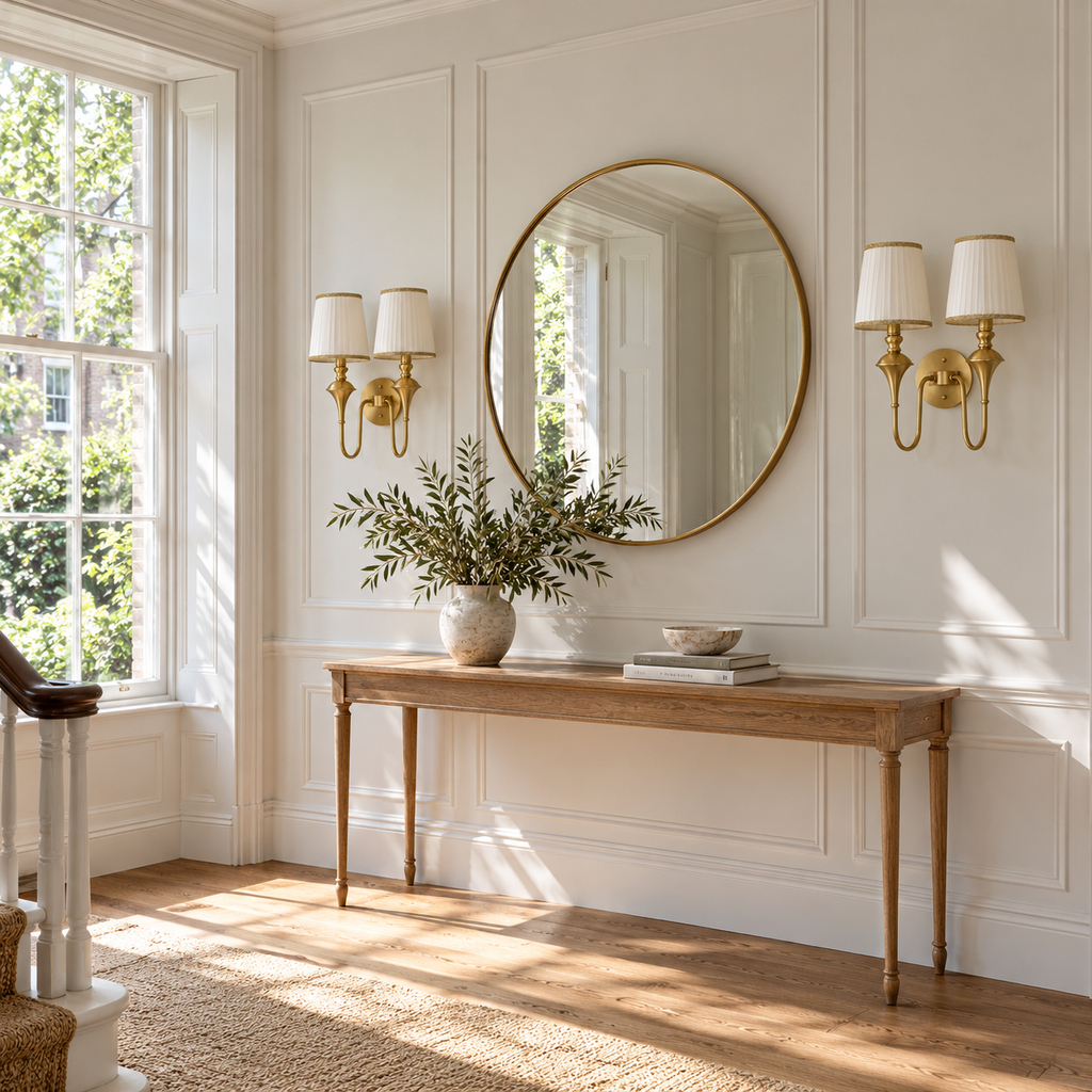 Brass Double Wall Light | Pleated Fabric Shades with Braided Trim, Twin E14, 38 x 46 cm