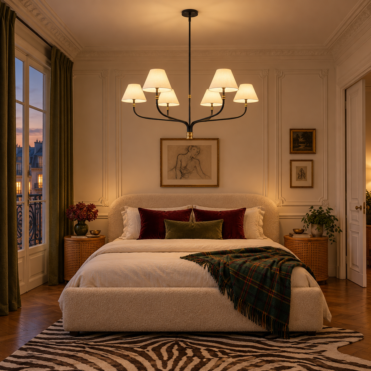 Black & Brass Chandelier | White Fabric Shades, 2 or 6 Arms, 130 cm Wide, Adjustable Rod