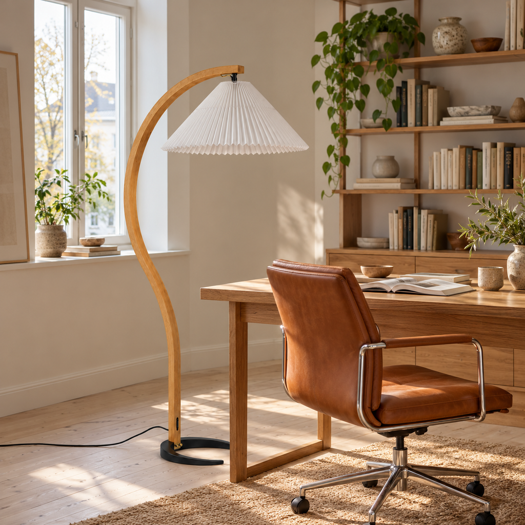 Pleated Arc Floor Lamp | Curved Beech Wood, 150 cm, White, Beige or Coffee Shade, Bulb Included