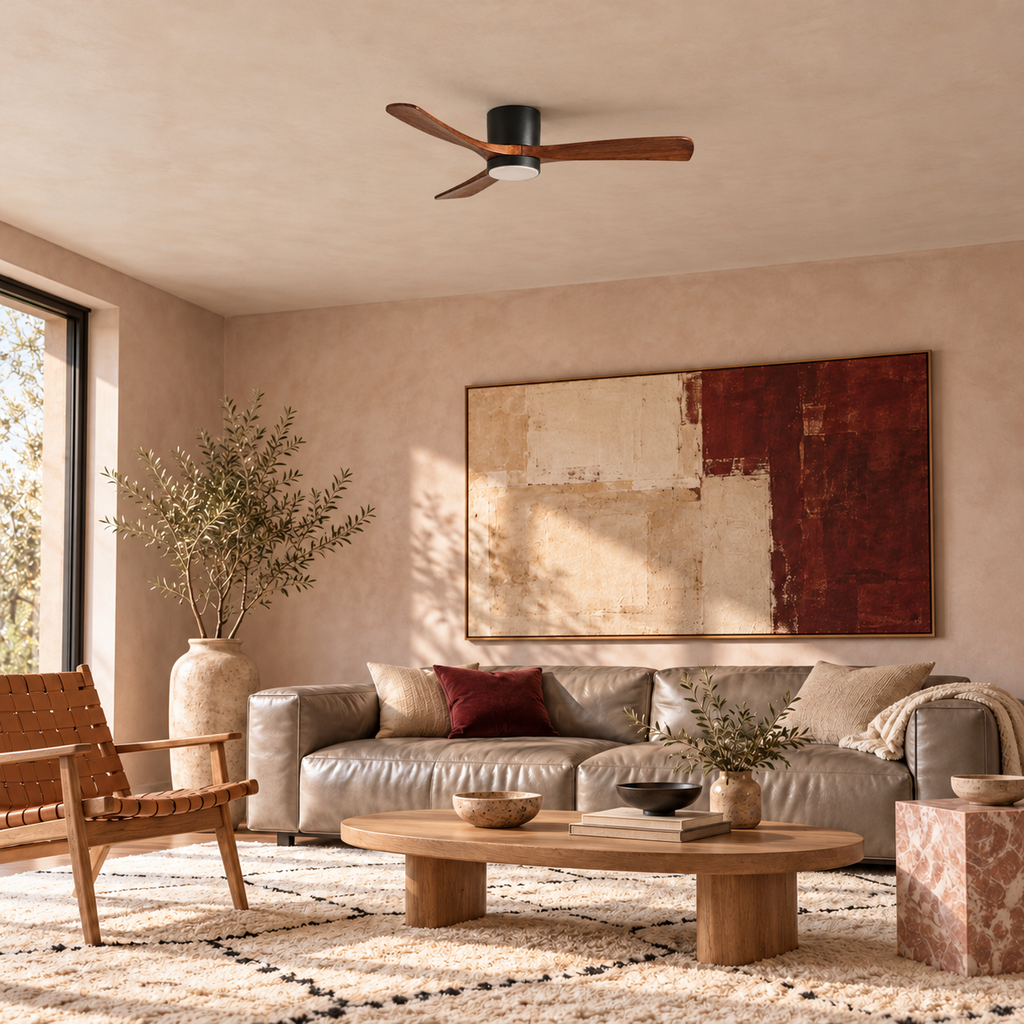Low Profile Ceiling Fan with Light | 3 Wooden Blades, Remote, 108 or 132 cm, Black or White