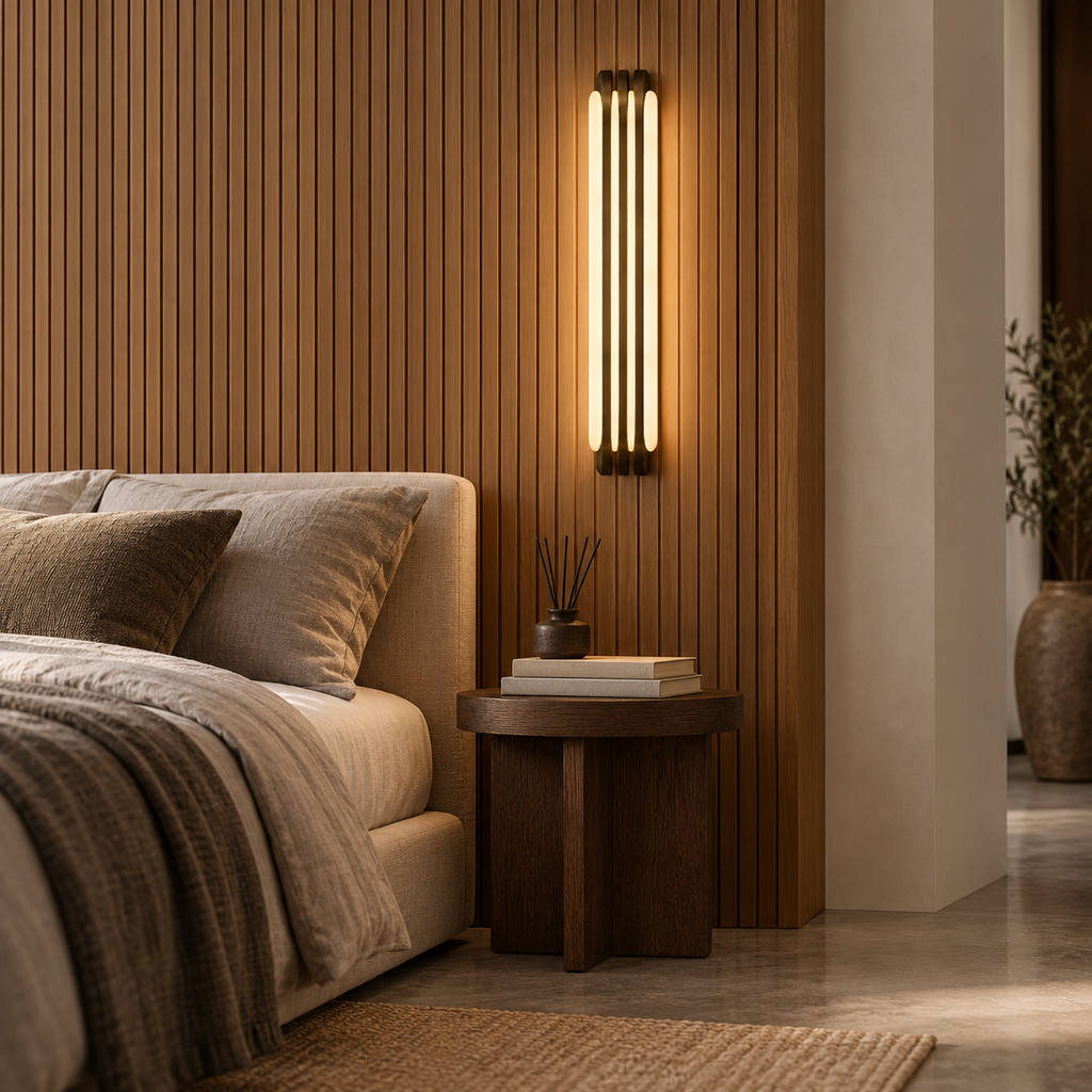 Alabaster & Antique Brass Wall Light | Three-Fin LED Column, Warm White, 35 or 60 cm