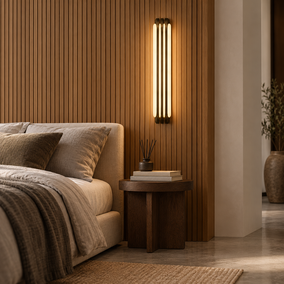 Alabaster & Antique Brass Wall Light | Three-Fin LED Column, Warm White, 35 or 60 cm