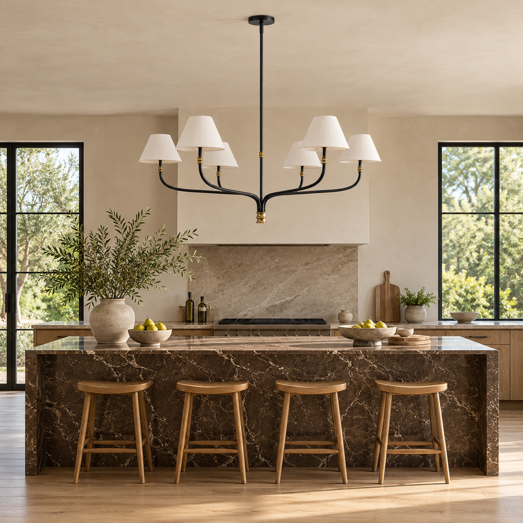 Black & Brass Chandelier | White Fabric Shades, 2 or 6 Arms, 130 cm Wide, Adjustable Rod