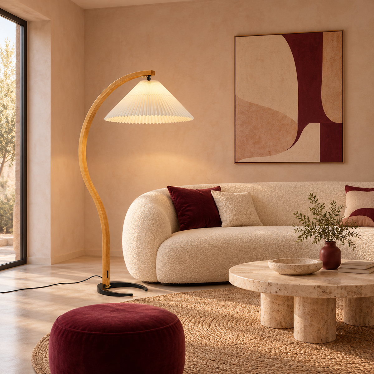Pleated Arc Floor Lamp | Curved Beech Wood, 150 cm, White, Beige or Coffee Shade, Bulb Included