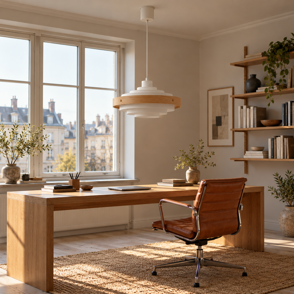 Tiered Pendant Light | Stepped Metal Shade with Wood Band, 40 cm, Walnut or Oak, Black or White
