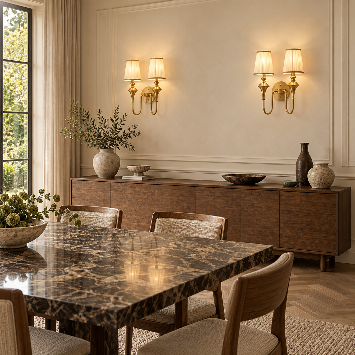 Brass Double Wall Light | Pleated Fabric Shades with Braided Trim, Twin E14, 38 x 46 cm