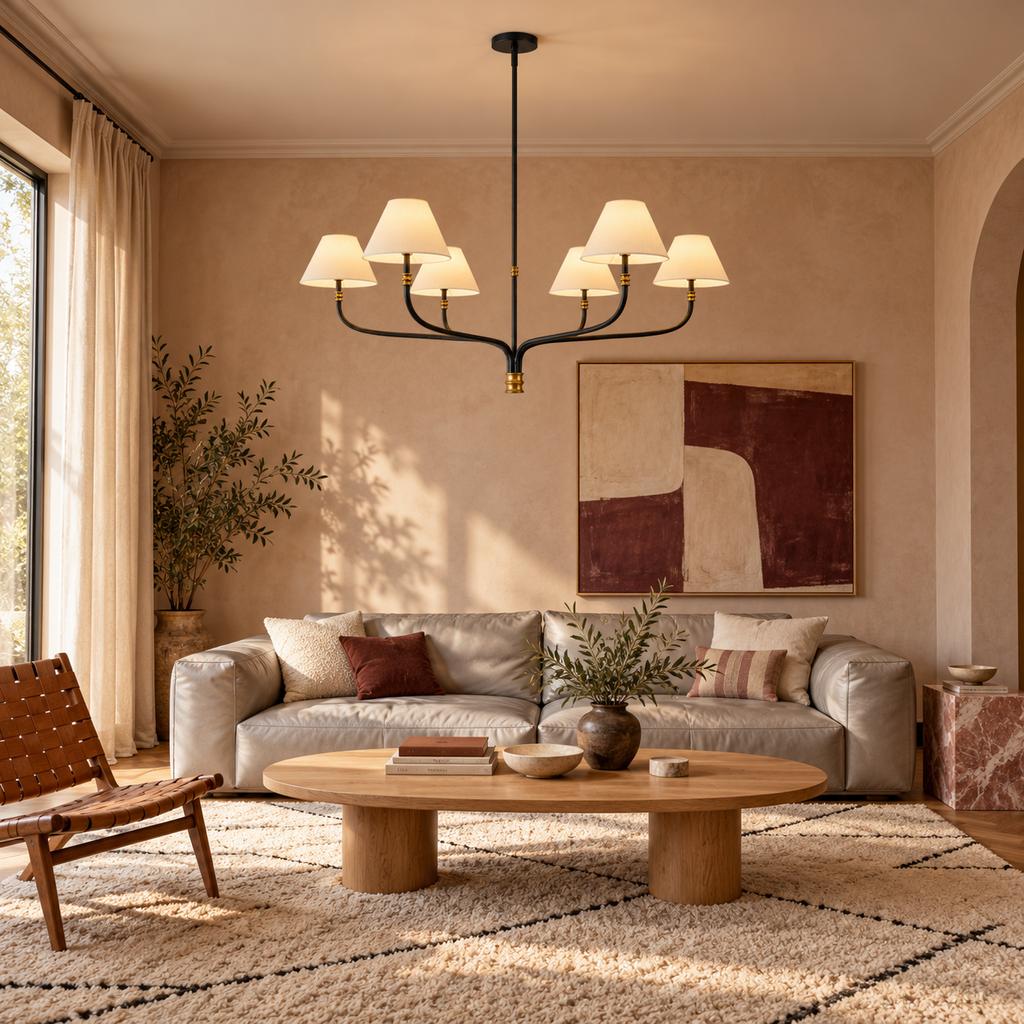 Black & Brass Chandelier | White Fabric Shades, 2 or 6 Arms, 130 cm Wide, Adjustable Rod