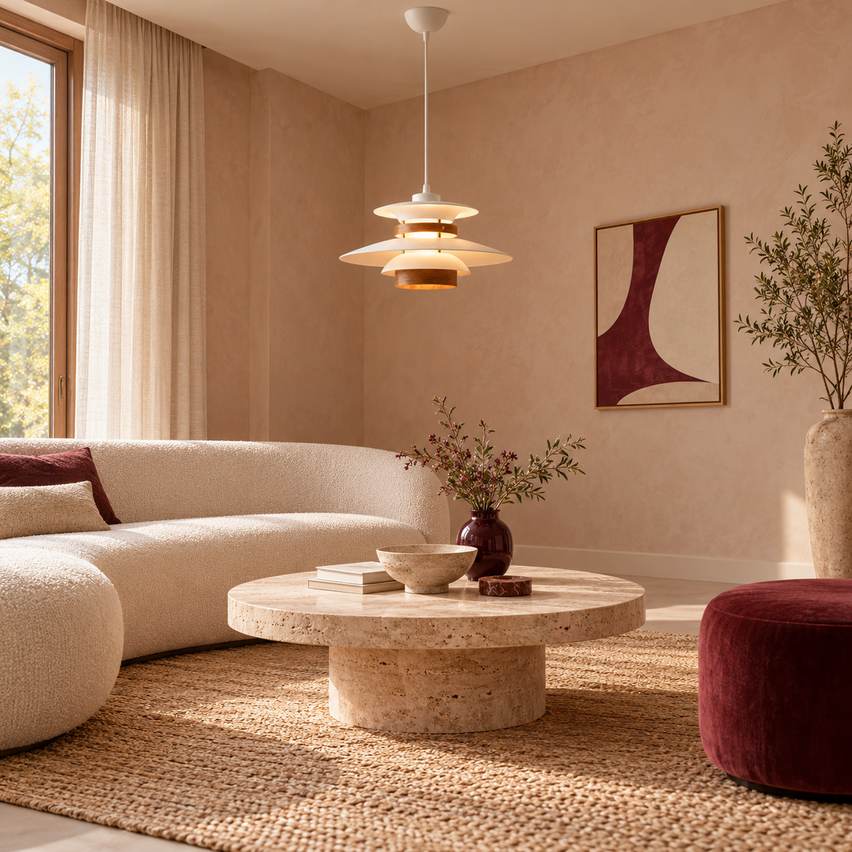 Layered Pendant Light | Danish-Style Tiers with Wood Bands, 35 or 42 cm, White, Cream or Black