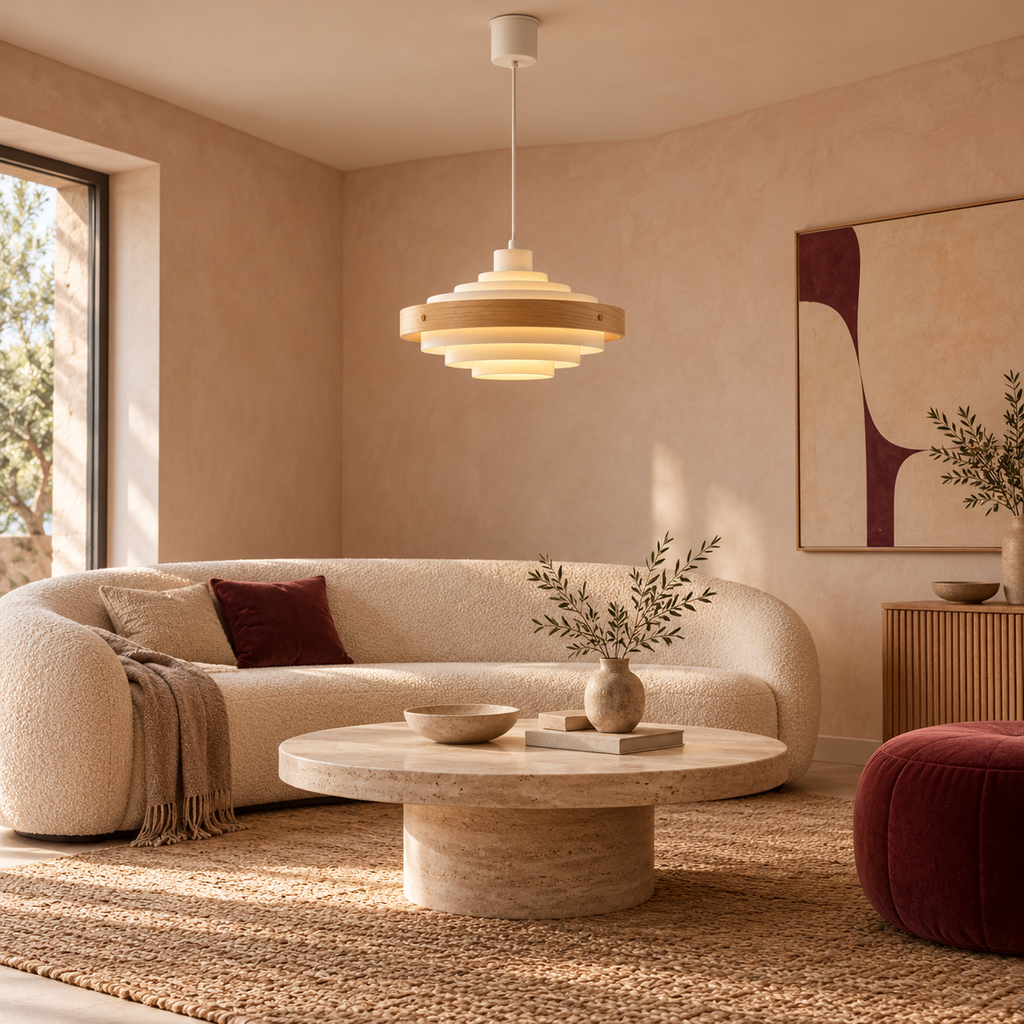 Tiered Pendant Light | Stepped Metal Shade with Wood Band, 40 cm, Walnut or Oak, Black or White