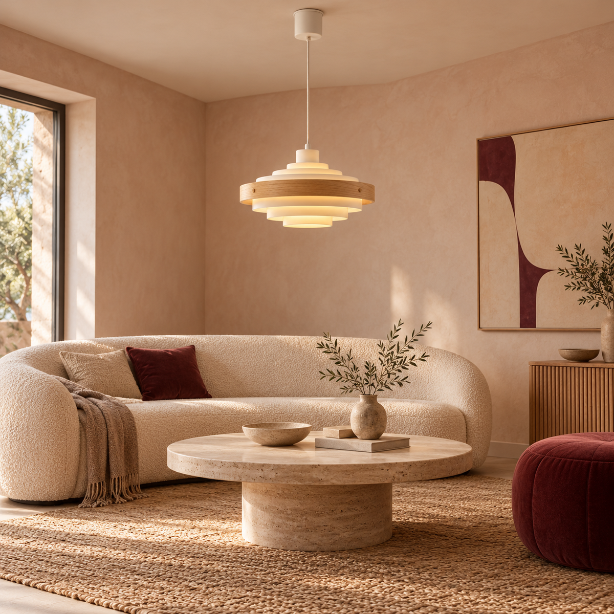 Tiered Pendant Light | Stepped Metal Shade with Wood Band, 40 cm, Walnut or Oak, Black or White