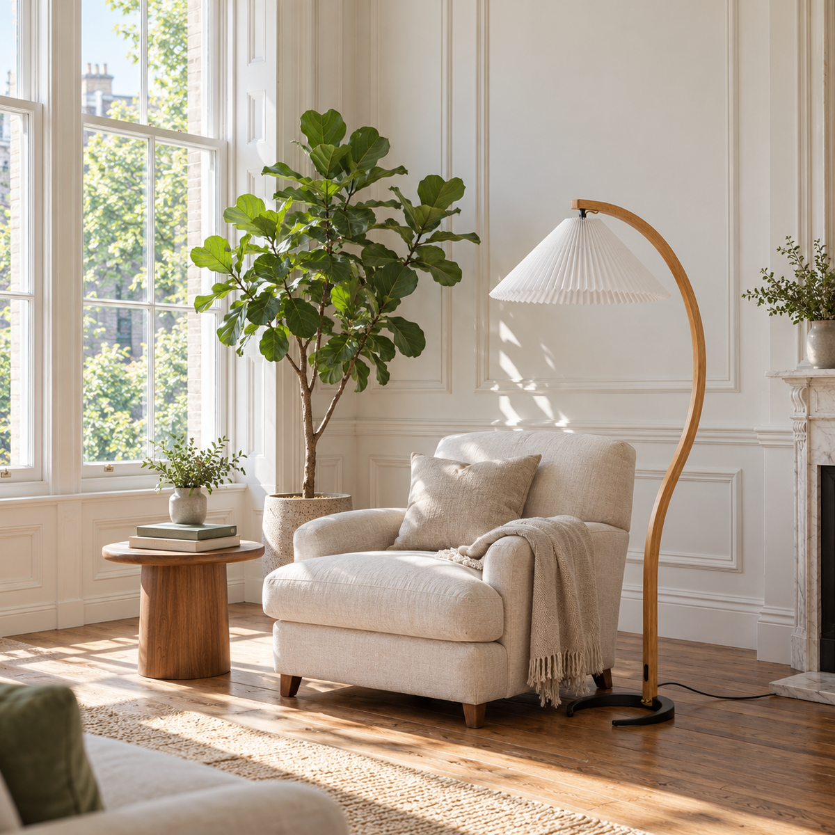 Pleated Arc Floor Lamp | Curved Beech Wood, 150 cm, White, Beige or Coffee Shade, Bulb Included
