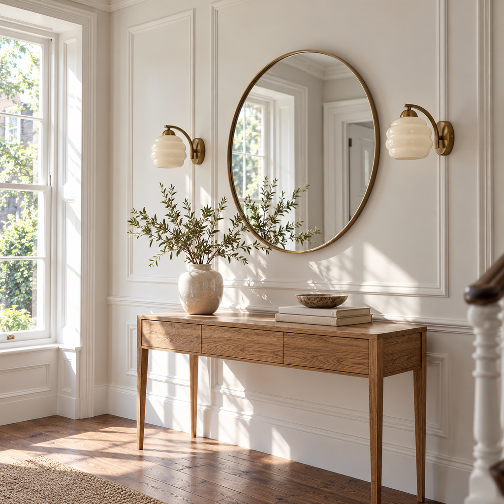 Beehive Glass Wall Light | Cream or White Ribbed Opal Shade, Bronze Arm, Pull Switch Option