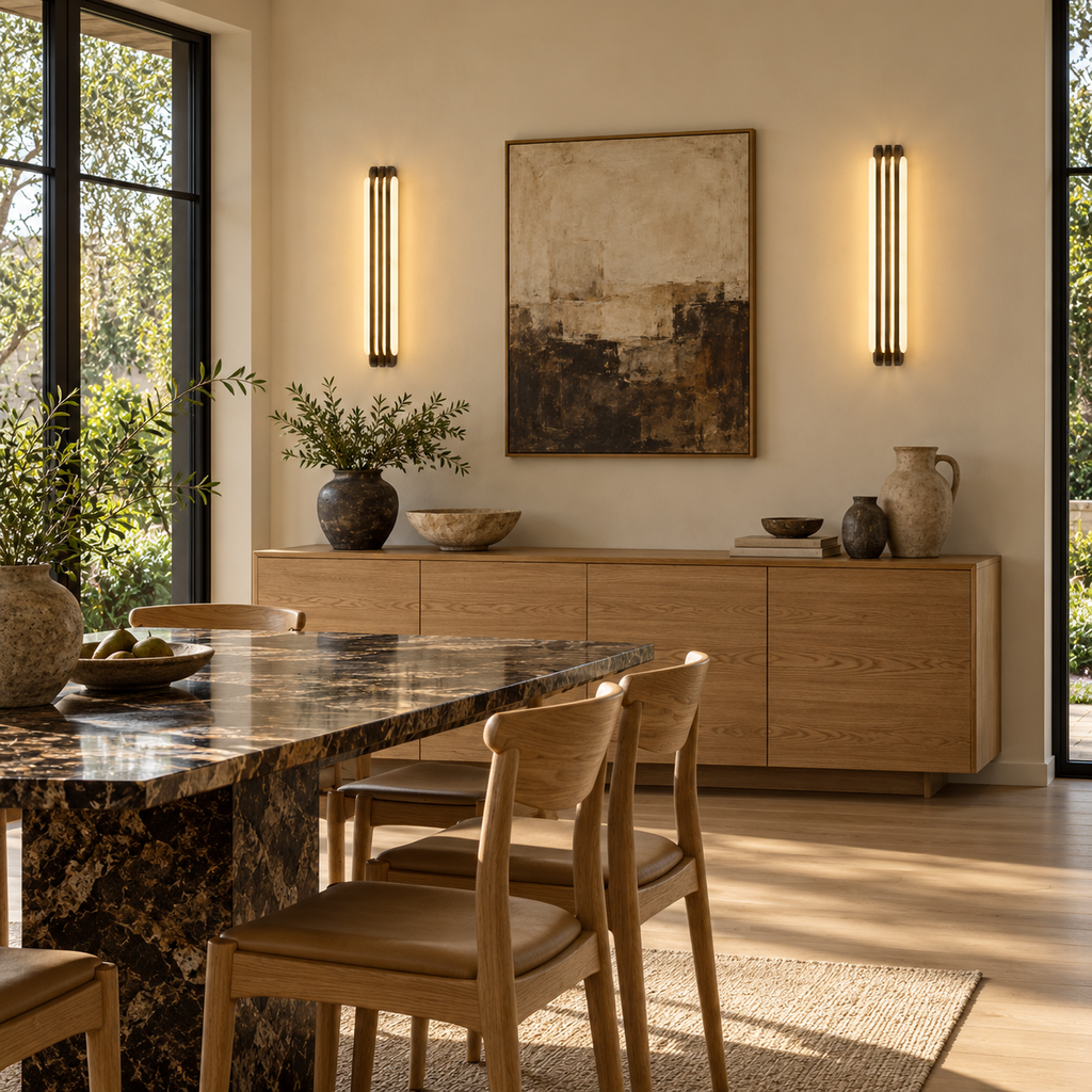 Alabaster & Antique Brass Wall Light | Three-Fin LED Column, Warm White, 35 or 60 cm