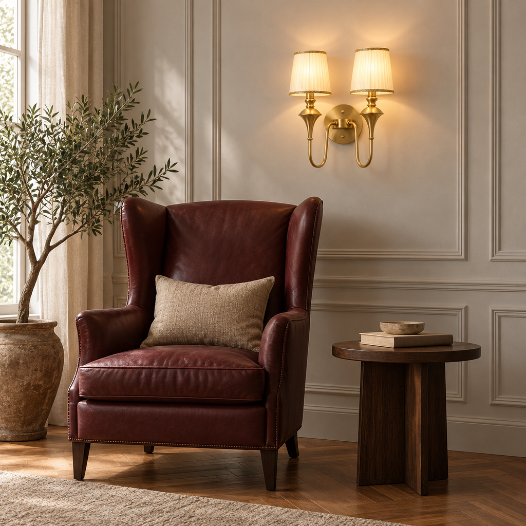 Brass Double Wall Light | Pleated Fabric Shades with Braided Trim, Twin E14, 38 x 46 cm