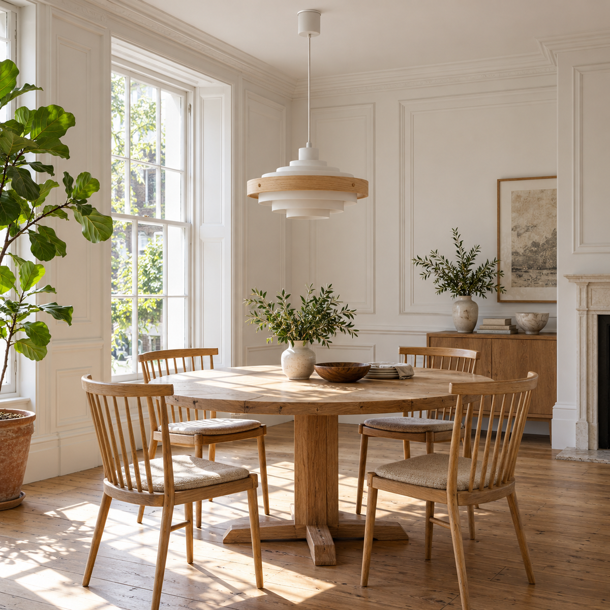Tiered Pendant Light | Stepped Metal Shade with Wood Band, 40 cm, Walnut or Oak, Black or White