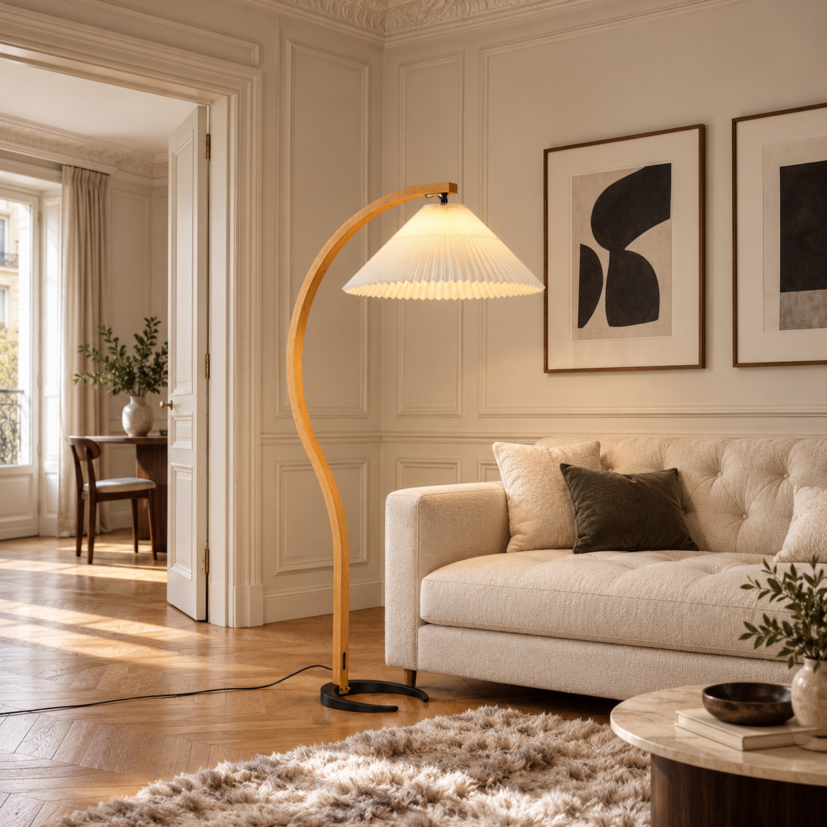 Pleated Arc Floor Lamp | Curved Beech Wood, 150 cm, White, Beige or Coffee Shade, Bulb Included