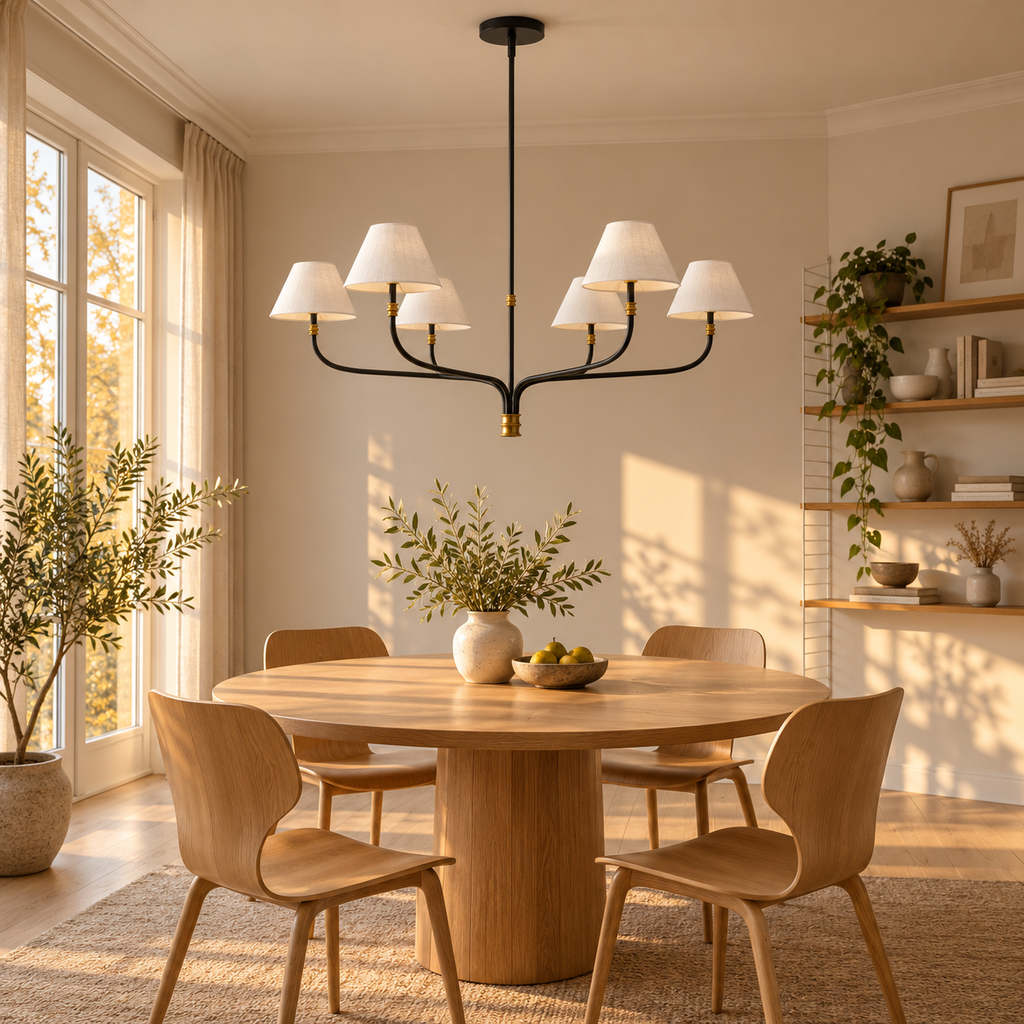 Black & Brass Chandelier | White Fabric Shades, 2 or 6 Arms, 130 cm Wide, Adjustable Rod
