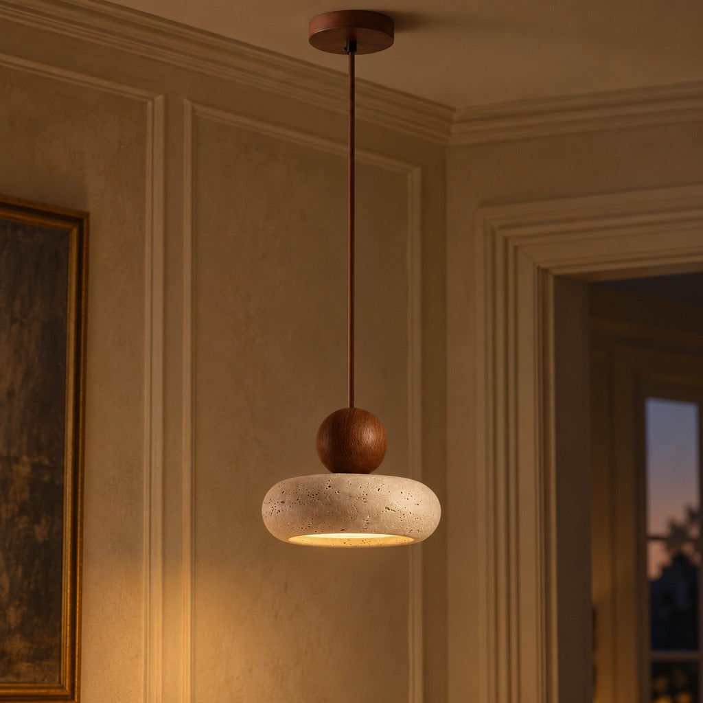 Travertine Donut Pendant Light | Natural Stone 15cm, Walnut or Light Wood, Wabi Sabi