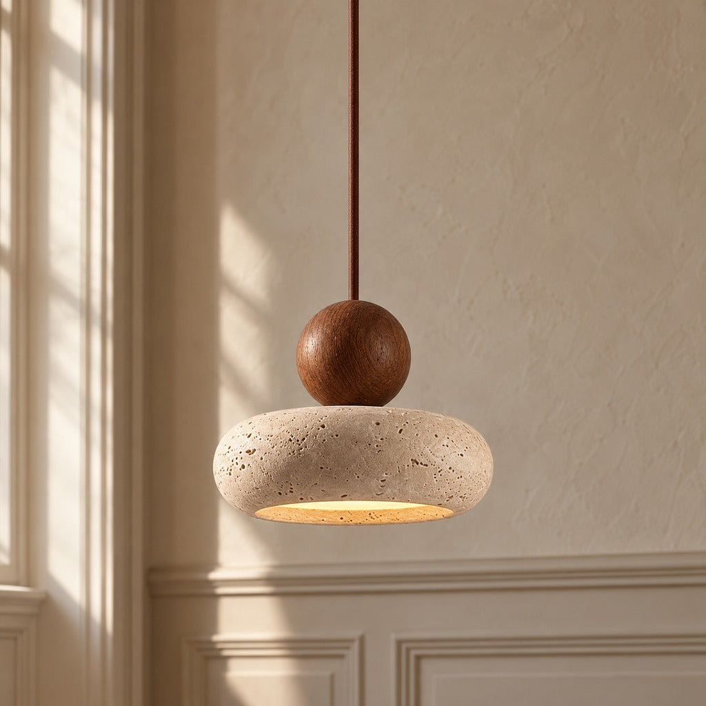 Travertine Donut Pendant Light | Natural Stone 15cm, Walnut or Light Wood, Wabi Sabi