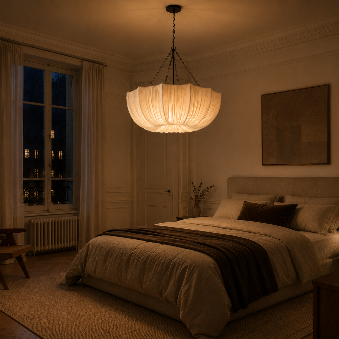 Fabric chandelier with retro iron chain - bedroom