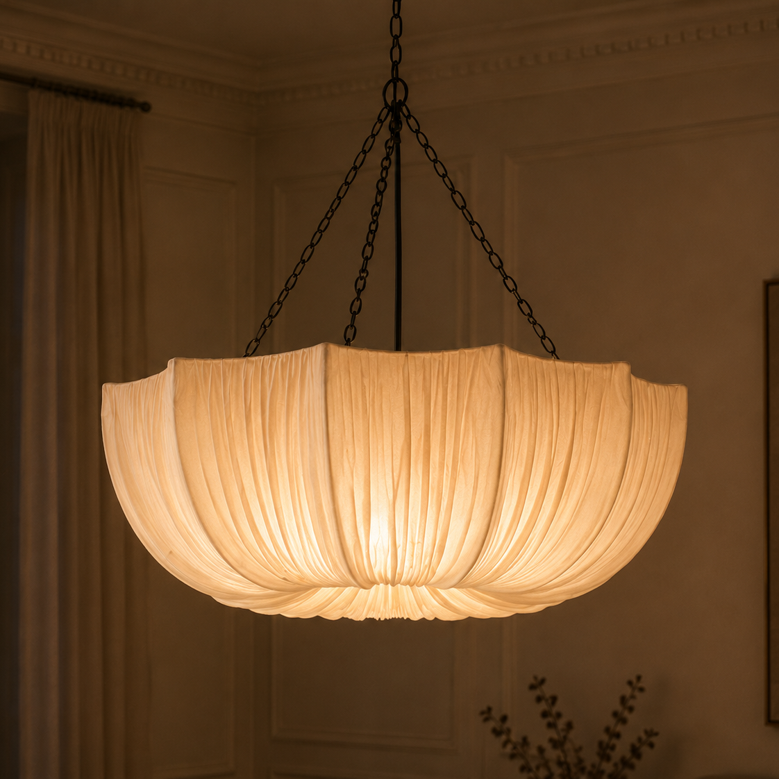 Fabric chandelier with retro iron chain - close-up detail