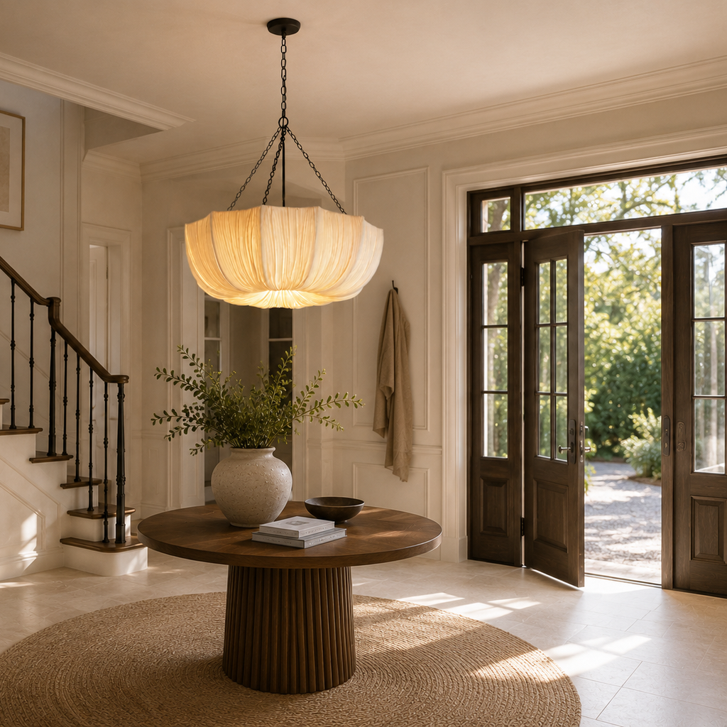 Fabric chandelier with retro iron chain - hallway