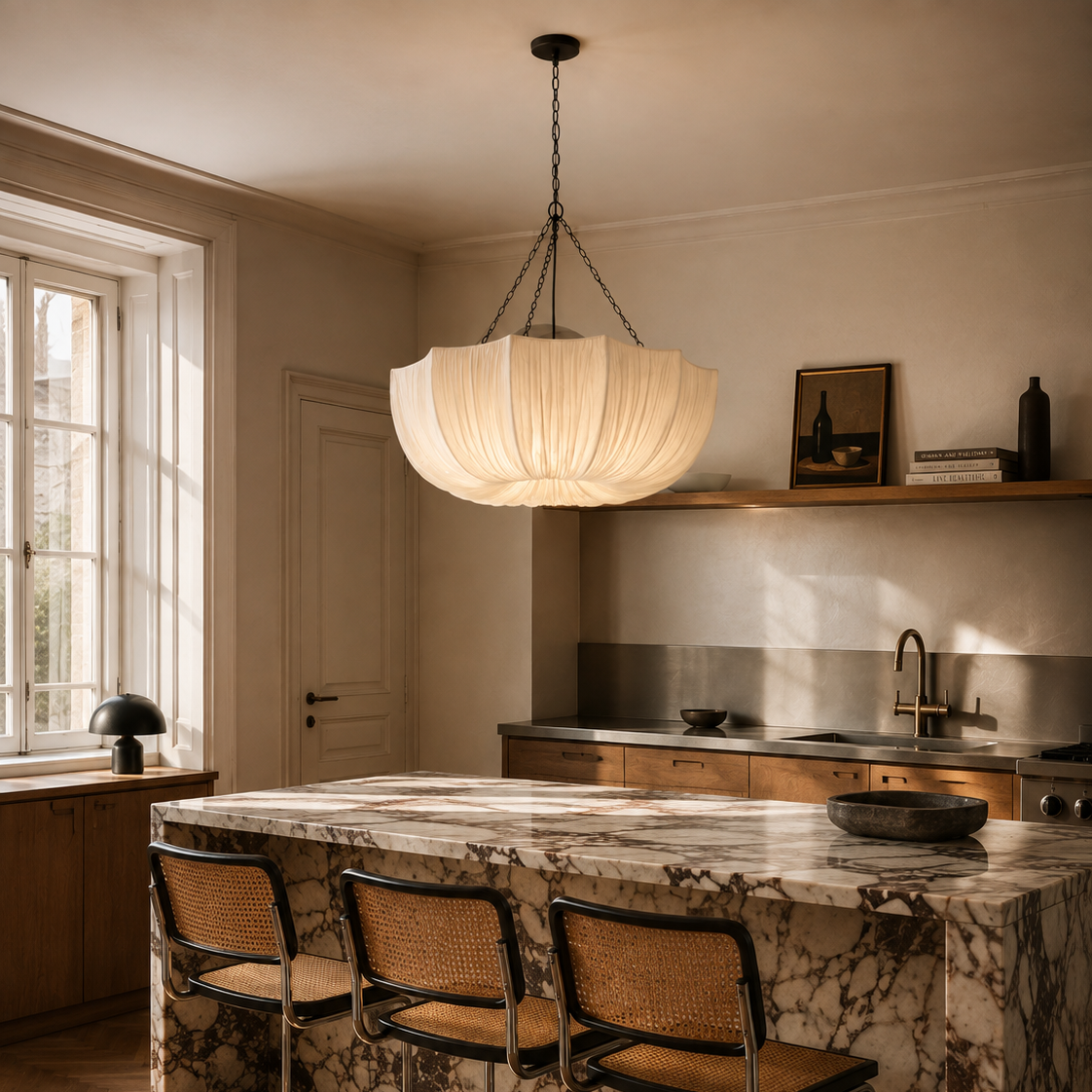 Fabric chandelier with retro iron chain - kitchen