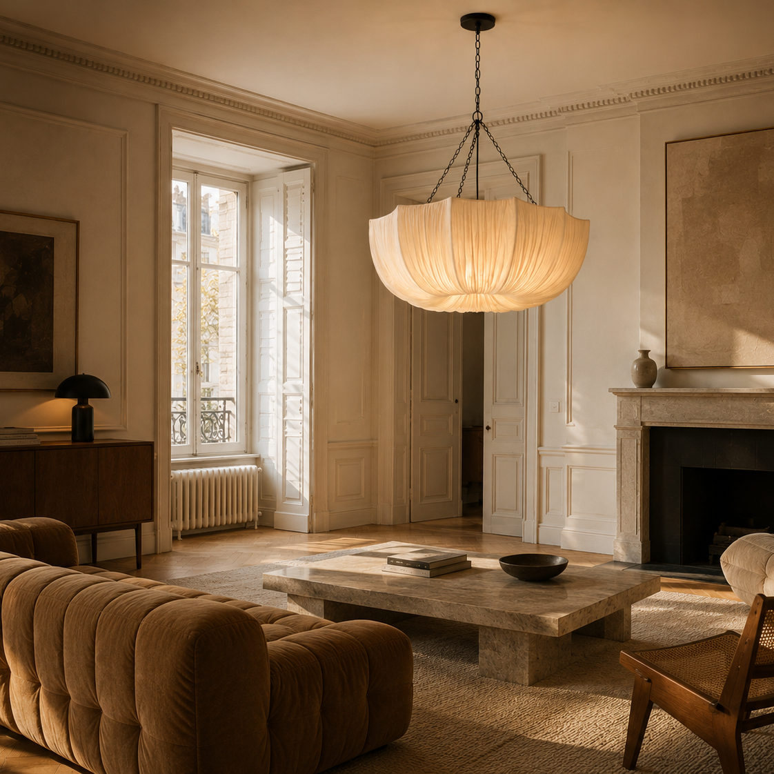 Fabric chandelier with retro iron chain - living room