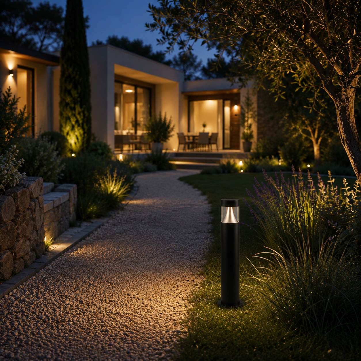 Waterproof landscape bollard light - garden path at dusk