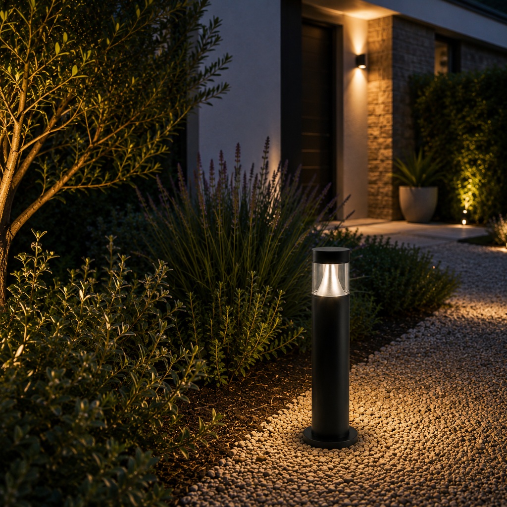 Waterproof landscape bollard light - shrub path at dusk