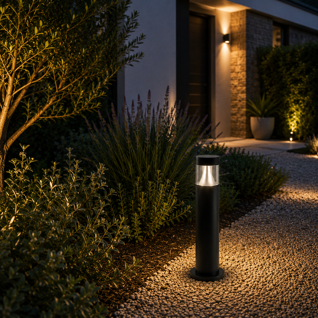 Waterproof landscape bollard light - shrub path at dusk