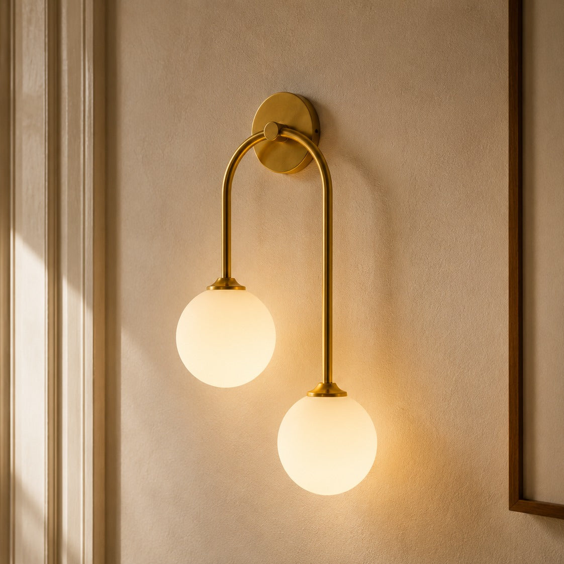 Gold glass ball double wall light close-up beside a doorway with a ceramic bowl on a ledge