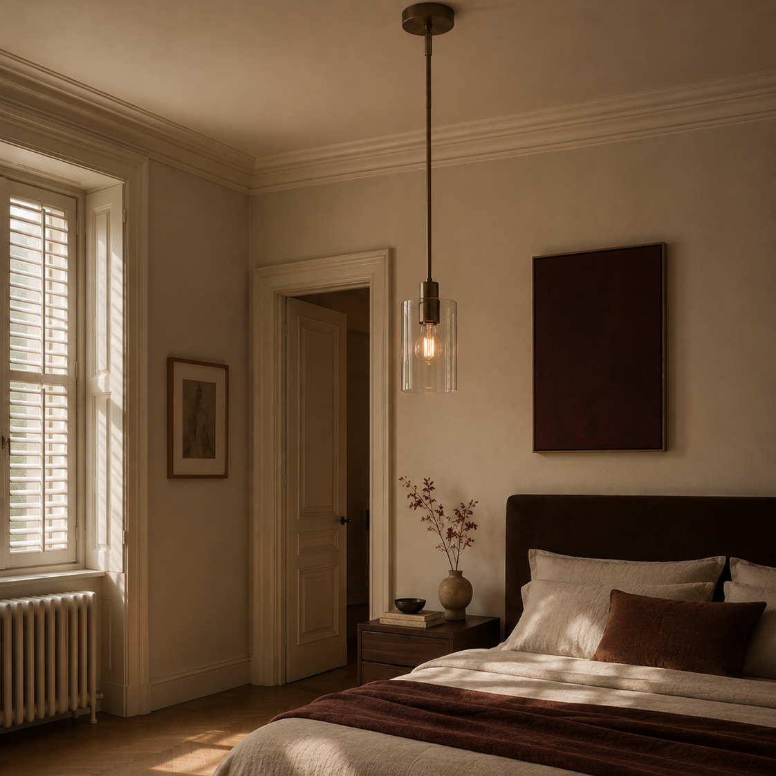 Minimalist glass cylinder ceiling light - bedroom headboard