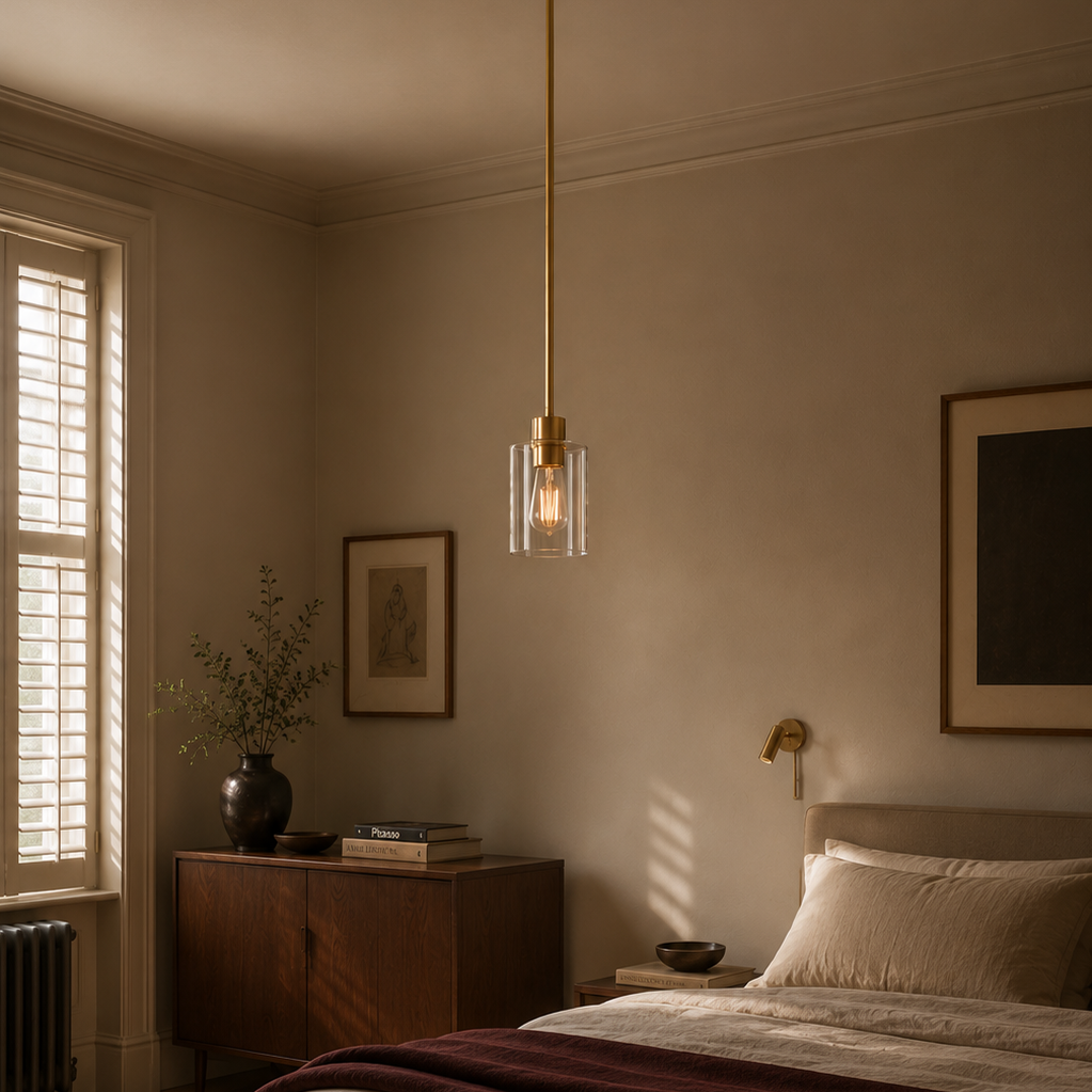 Minimalist glass cylinder ceiling light - bedroom