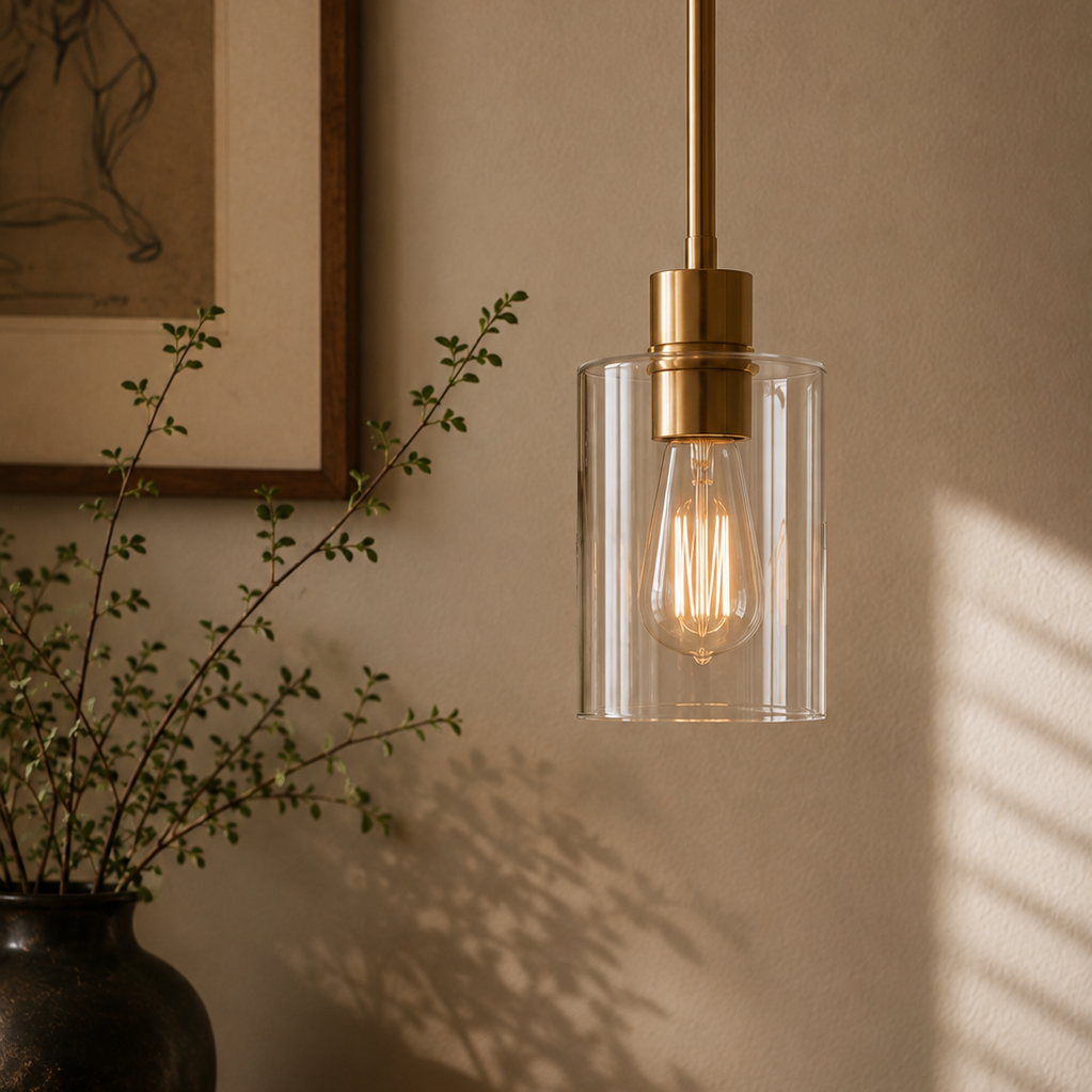 Minimalist glass cylinder ceiling light - home office plant
